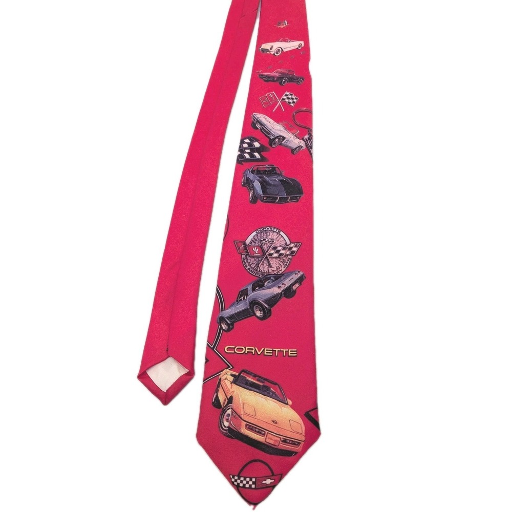 Vintage Ralph Marlin Tie Mens Red Corvette Chevrolet Cars Racing Necktie USA 90s